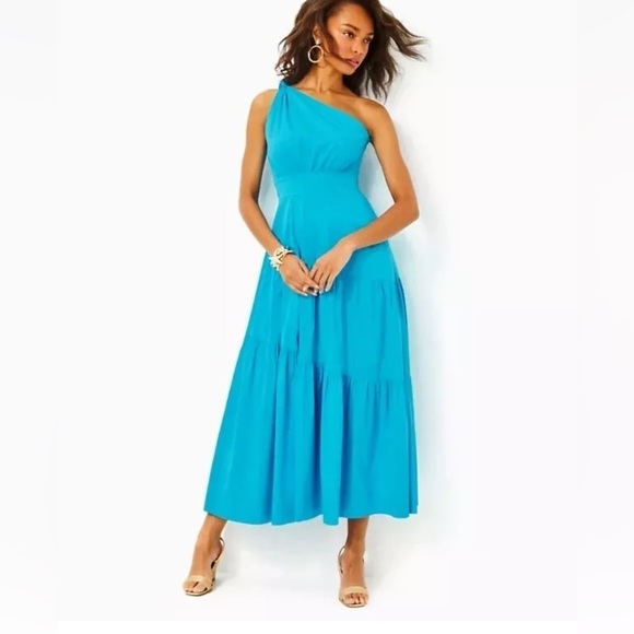 Lilly Pulitzer Lucilyn One Shoulder Maxi Dress NWT 14 tangier teal - Picture 1 of 11